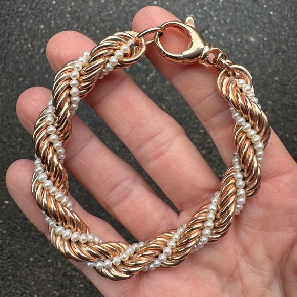 HONORA Cultured Pearl & Bronze Bracelet Rose Gold Tone Twist Rope Italy 8" - Picture 3 of 12